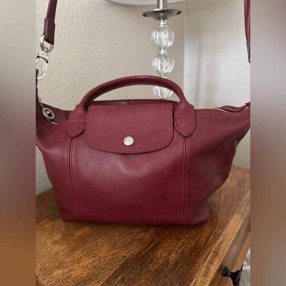 Le Pliage Leather Top Handle Bag- Burgundy